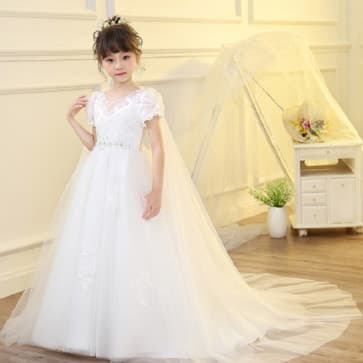 Fawn Floral Embroidery Short Sleeve Girls Princess Wedding Dress