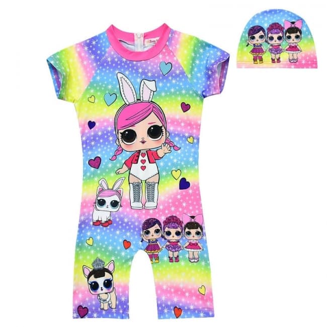 L O L Surprise Hops Costume Short Sleeve Swimsuit Swimwear With Swimming Cap For Girls Princess Dress World