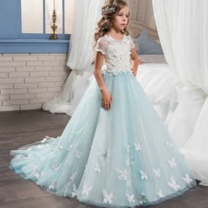 Sapphire 3D Butterfly Short Sleeve Girls Wedding Princess Dress